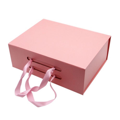 Customized pink folding paper packaging gift boxes with ribbon handle